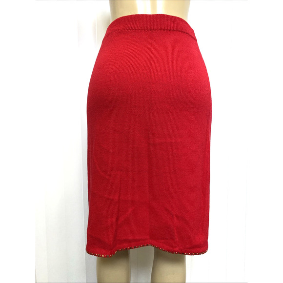 St John Evening Santana Knit Skirt Pencil Straight Red Gold Beads Wool 12 L - Picture 3 of 7